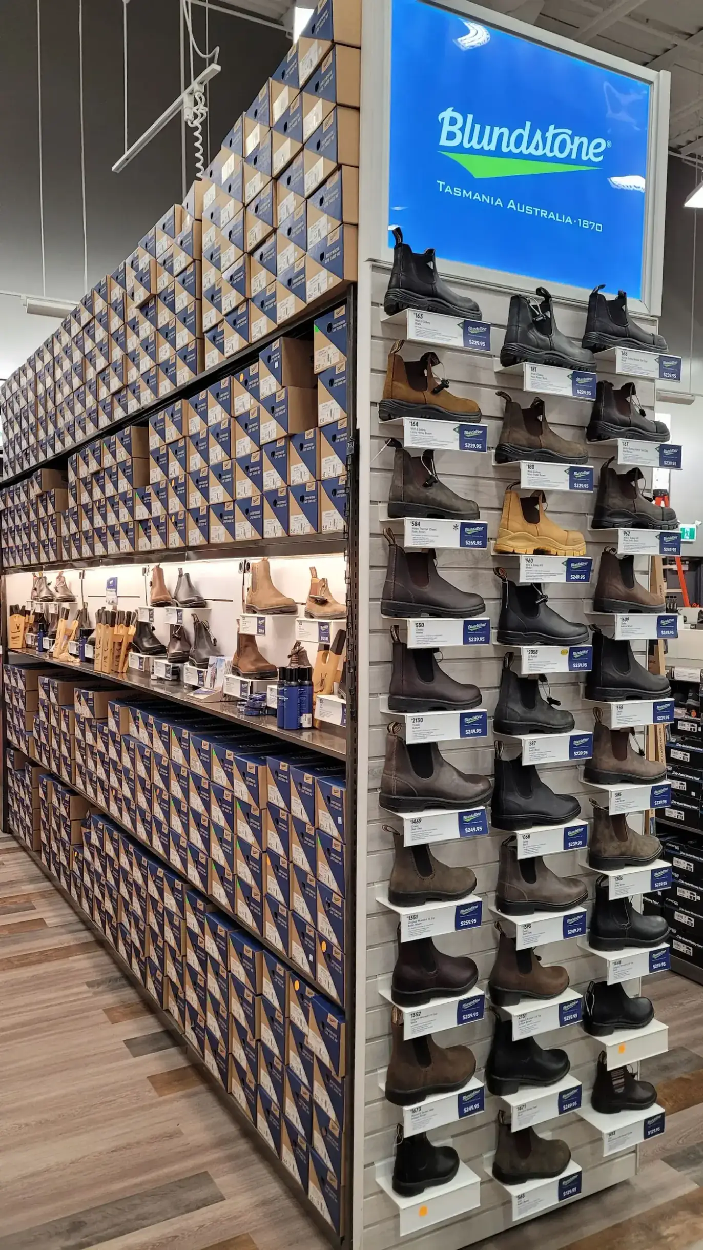 Blundstone display wall with dozens of styles at Mark's Chilliwack