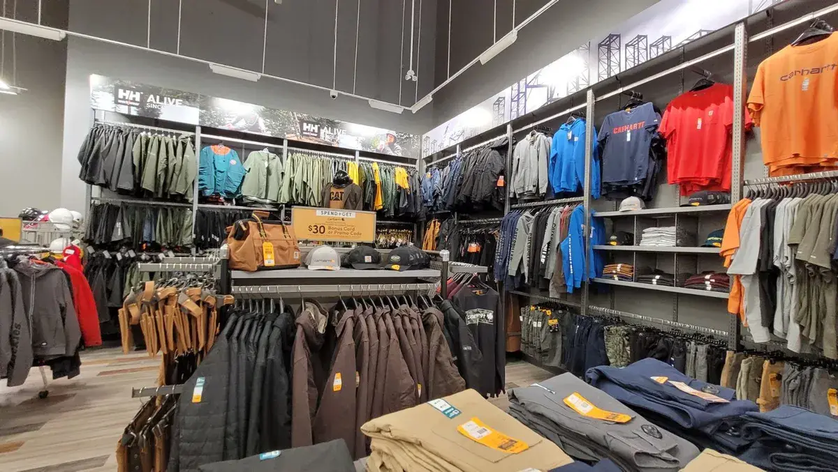 Workwear department with Carhartt, Helly Hansen and CAT